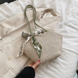 Summer Twilly Scarf Decor Straw Bag For Women Vacation Beach Bag