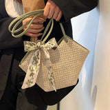 Summer Twilly Scarf Decor Straw Bag For Women Vacation Beach Bag