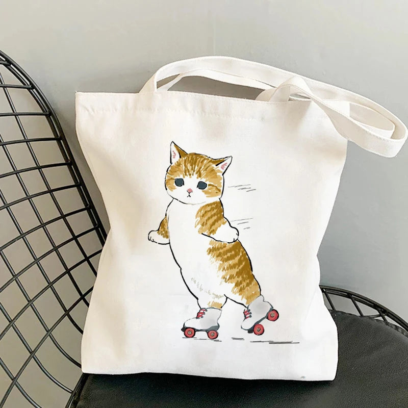 Vintage Cartoon Cats Print Canvas Shoulder Bag