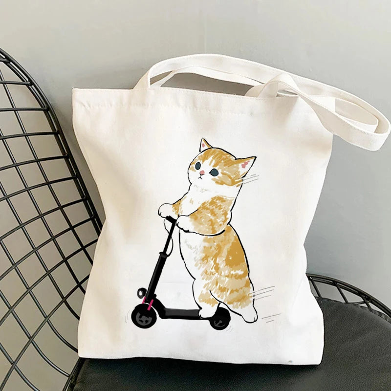 Vintage Cartoon Cats Print Canvas Shoulder Bag