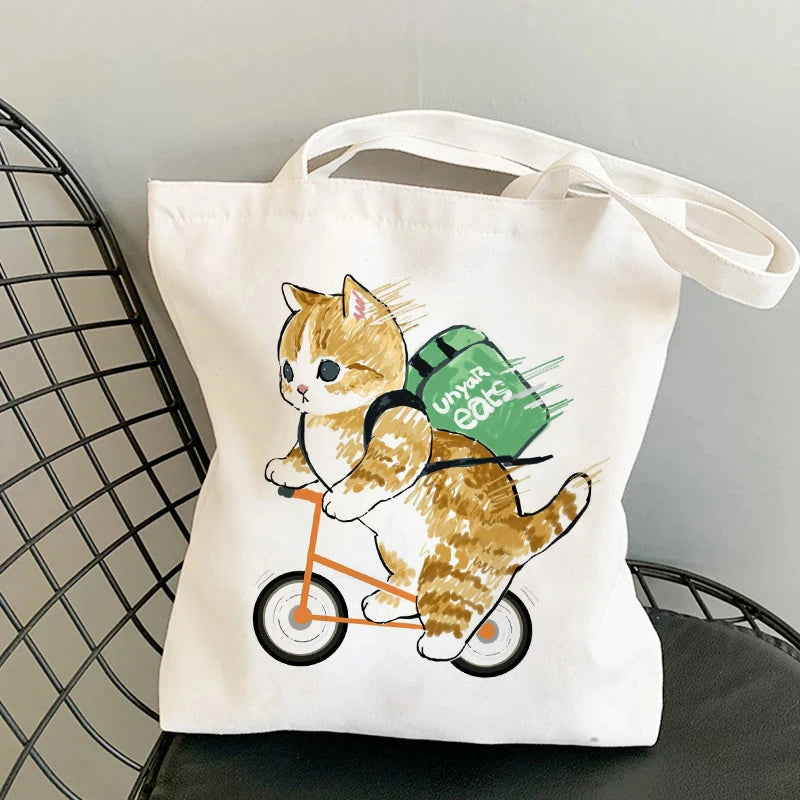 Vintage Cartoon Cats Print Canvas Shoulder Bag