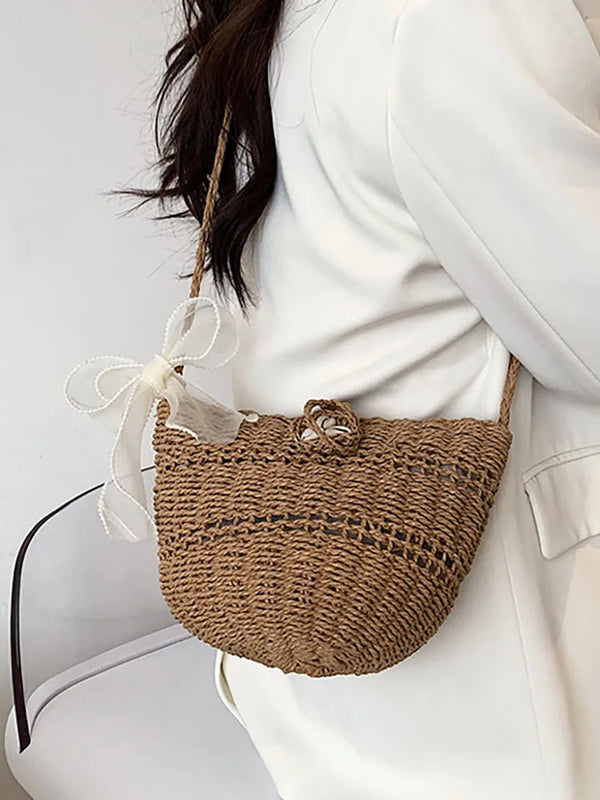 Summer Straw Shoulder Bag - Hollowed Out Handbag for Lady Seaside Beach