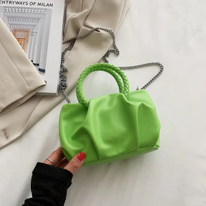 Women Neon Green Retro Pleated Shoulder Messenger Bag Pink