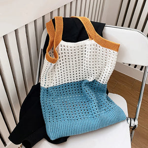 Summer Women Knitted Hollow Out Shoulder Bags Contrast Large Capacity Tote