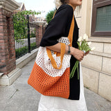 Summer Women Knitted Hollow Out Shoulder Bags Contrast Large Capacity Tote