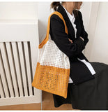 Summer Women Knitted Hollow Out Shoulder Bags Contrast Large Capacity Tote