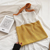 Summer Women Knitted Hollow Out Shoulder Bags Contrast Large Capacity Tote
