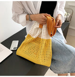 Summer Women Knitted Hollow Out Shoulder Bags Contrast Large Capacity Tote
