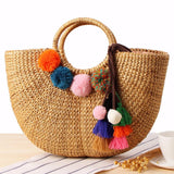 Summer Women Pom Pom Tassel Straw Beach Tote Bag