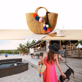 Summer Women Pom Pom Tassel Straw Beach Tote Bag