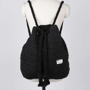 Women Straw Backpack Beach Bag Drawstring Knitted Shoulder Travel Bag