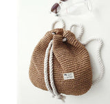 Women Straw Backpack Beach Bag Drawstring Knitted Shoulder Travel Bag