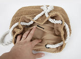 Women Straw Backpack Beach Bag Drawstring Knitted Shoulder Travel Bag