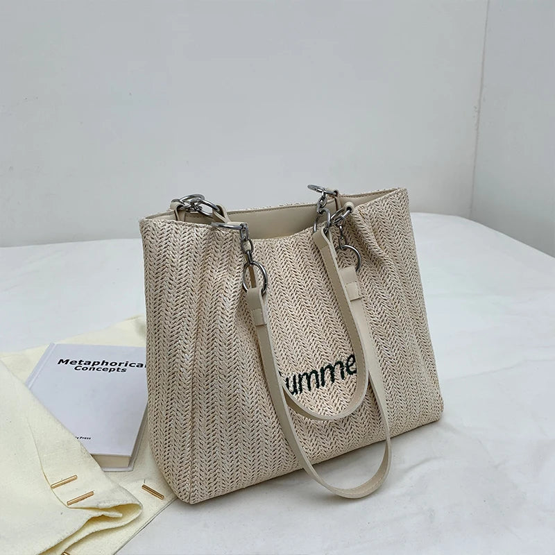 Summer Straw Shoulder Bag Women's Woven Tote Handbag Large Capacity