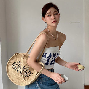 Summer Straw Handbag Round Tote Travel Beach Bag