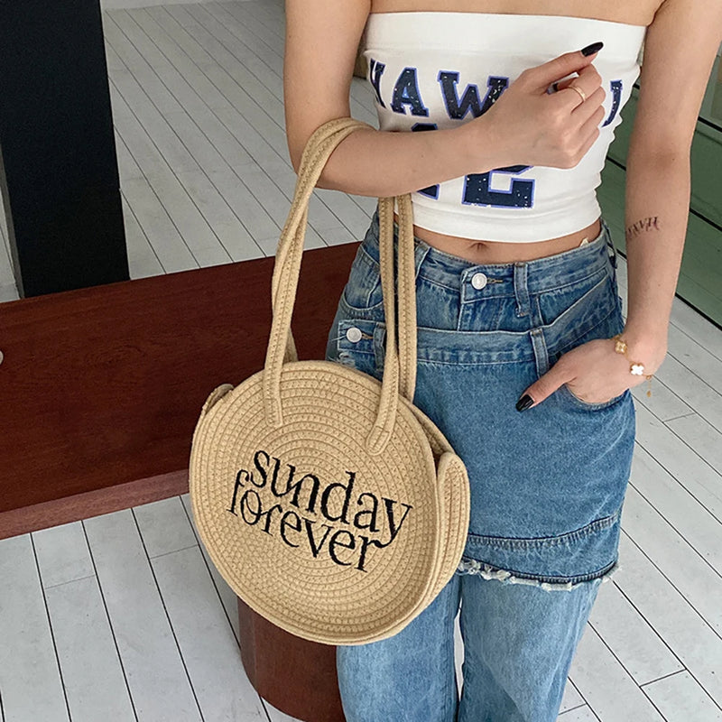 Summer Straw Handbag Round Tote Travel Beach Bag