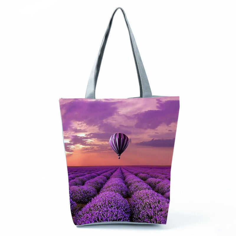 Sunflower Lavender Floral Print Handbags Purple Women Shopping Tote Bags