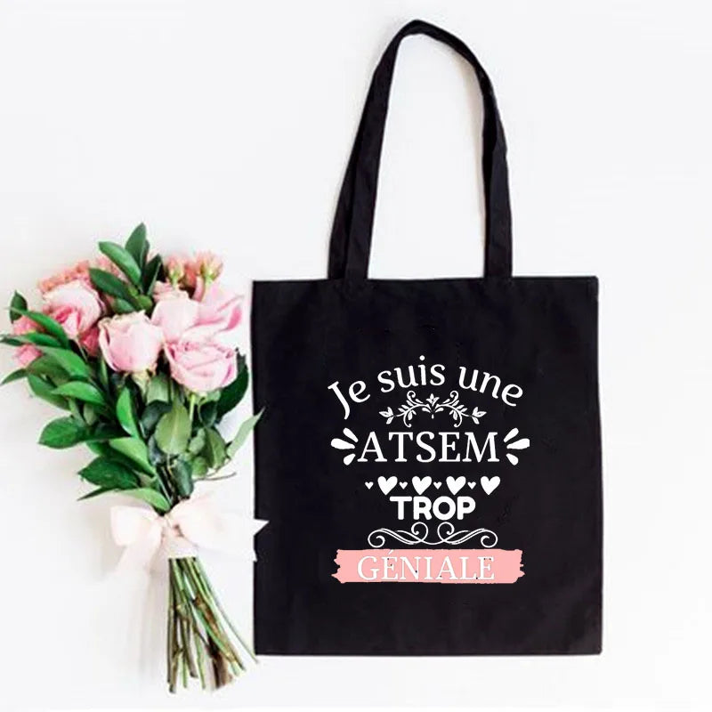 Atsem French Print Women Canvas Shoulder Bags Eco Harajuku Shopping Bag