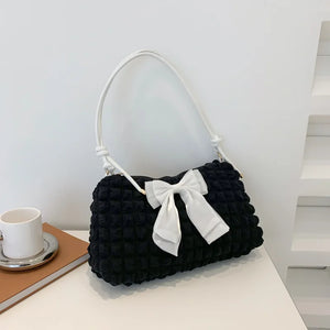 Bowknot Shoulder Bag Pleated Plaid Ladies Beige Handbag