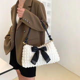 Bowknot Shoulder Bag Pleated Plaid Ladies Beige Handbag