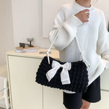 Bowknot Shoulder Bag Pleated Plaid Ladies Beige Handbag