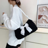 Bowknot Shoulder Bag Pleated Plaid Ladies Beige Handbag