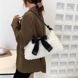 Bowknot Shoulder Bag Pleated Plaid Ladies Beige Handbag