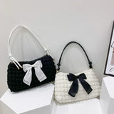 Bowknot Shoulder Bag Pleated Plaid Ladies Beige Handbag