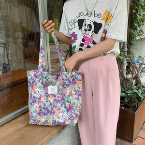 Purple Flower Canvas Shopper Handbag for Women Girls