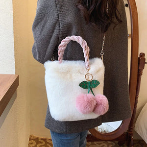 Cherry Fur Shoulder Bags Plush Tote Bag Soft Furry Handbag Chains for Women