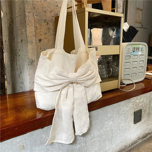 Sweet Girly Bowknot Canvas Shoulder Bag Vintage Ladies Casual Tote Handbags