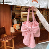 Sweet Girly Bowknot Canvas Shoulder Bag Vintage Ladies Casual Tote Handbags