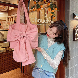 Girly Bowknot Canvas Shoulder Bag Vintage Ladies Casual Tote Handbags