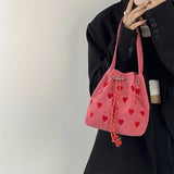 Embroidered Drawstring Shoulder Bag Retro Pink Plaid Purse Handbag