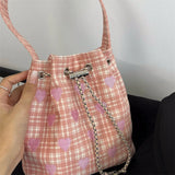 Embroidered Drawstring Shoulder Bag Retro Pink Plaid Purse Handbag