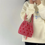 Embroidered Pattern Drawstring Shoulder Bag Retro Pink Bucket Purse