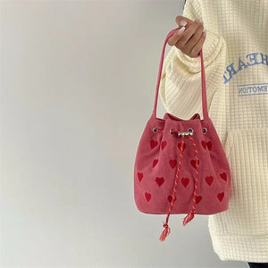 Embroidered Pattern Drawstring Shoulder Bag Retro Pink Bucket Purse