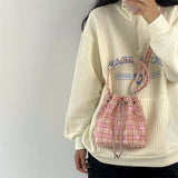 Embroidered Pattern Drawstring Shoulder Bag Retro Pink Bucket Purse