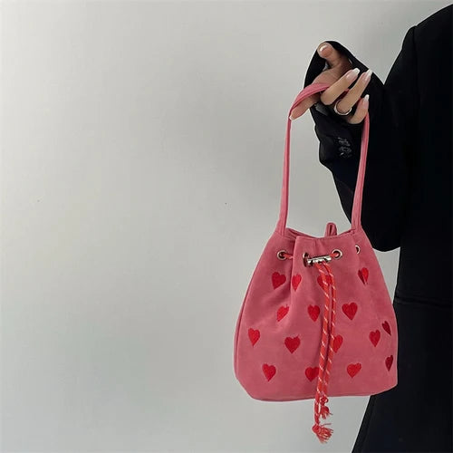 Embroidered Drawstring Shoulder Bag Retro Pink Plaid Purse Handbag