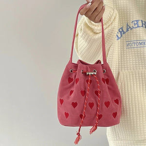 Embroidered Pattern Drawstring Shoulder Bag Retro Pink Bucket Purse