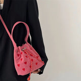 Embroidered Drawstring Shoulder Bag Retro Pink Plaid Purse Handbag