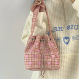 Embroidered Pattern Drawstring Shoulder Bag Retro Pink Bucket Purse