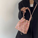 Embroidered Drawstring Shoulder Bag Retro Pink Plaid Purse Handbag