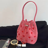 Embroidered Drawstring Shoulder Bag Retro Pink Plaid Purse Handbag