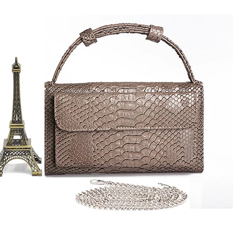 Cowhide Leather Clutch Crossbody Bag Snake Pattern Khaki Chain