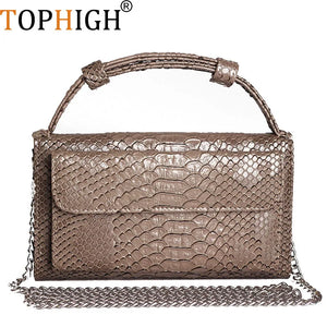 Cowhide Leather Clutch Crossbody Bag Snake Pattern Khaki Chain