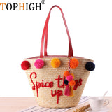 Women Summer Beach Bag With Hairball Tassel Large Tote Letter Messager Bag