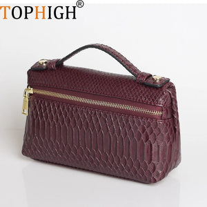 TOPHIIGH Leather Portable Bag For Women Clutch Snake Red Coffee