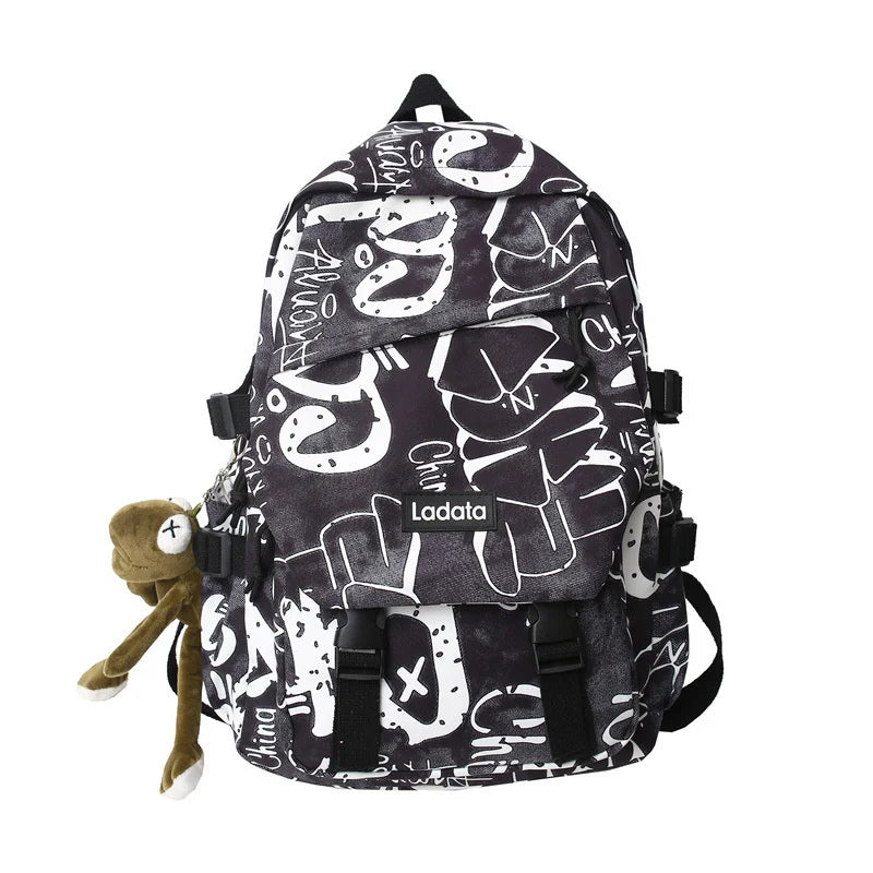 Nylon Camo Graffiti Backpack for Women, Students, Hip-hop, School