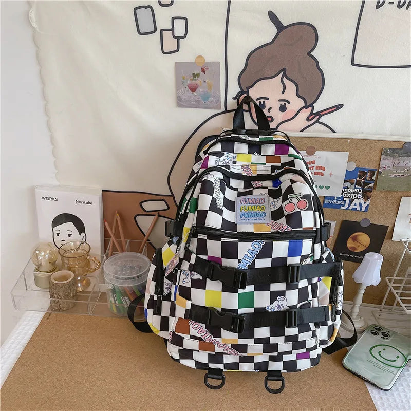 Plaid Nylon Large Capacity Women Backpack Daypack Laptop